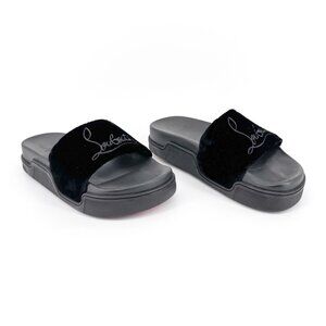 Christian Louboutin 'Navy Pool' Slide Sandals Size 37 US 7 Black Velvet Logo 30